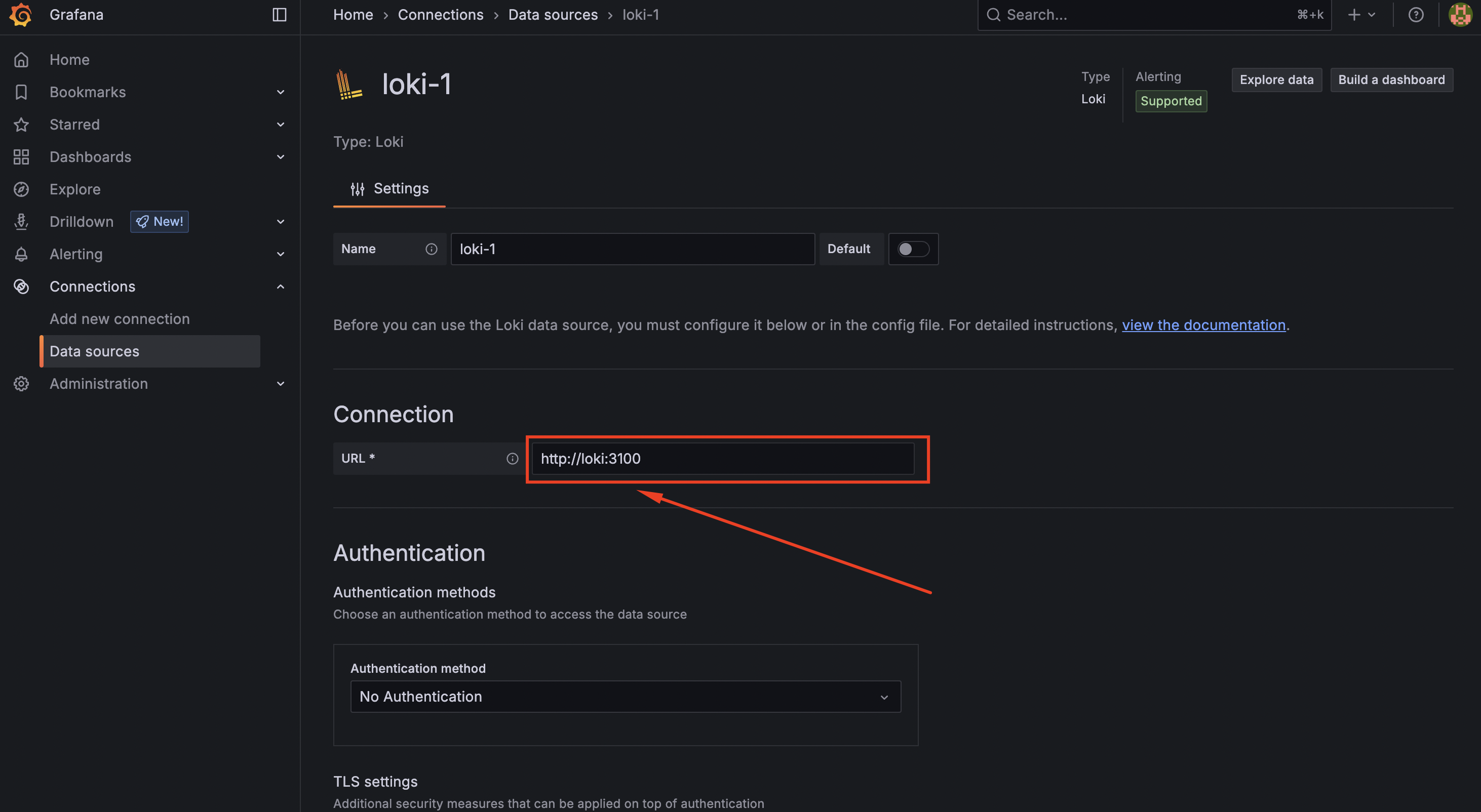 Настройка адреса Loki