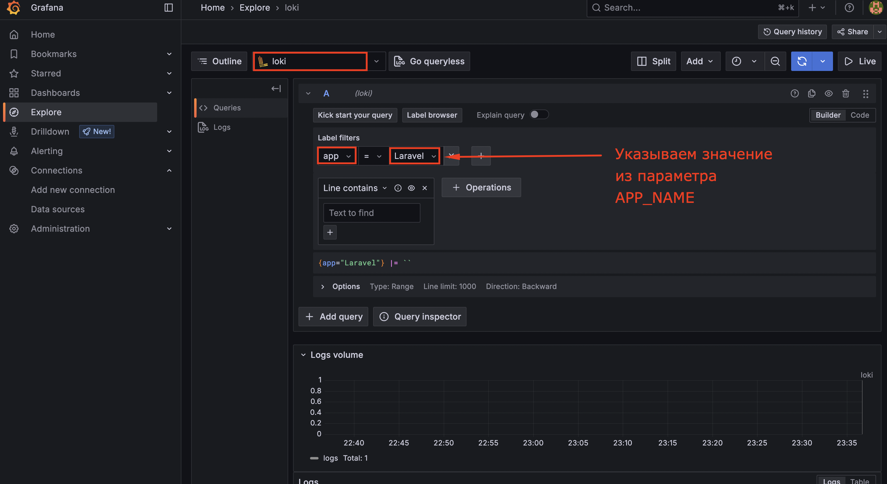 Выбор Loki в разделе Explore