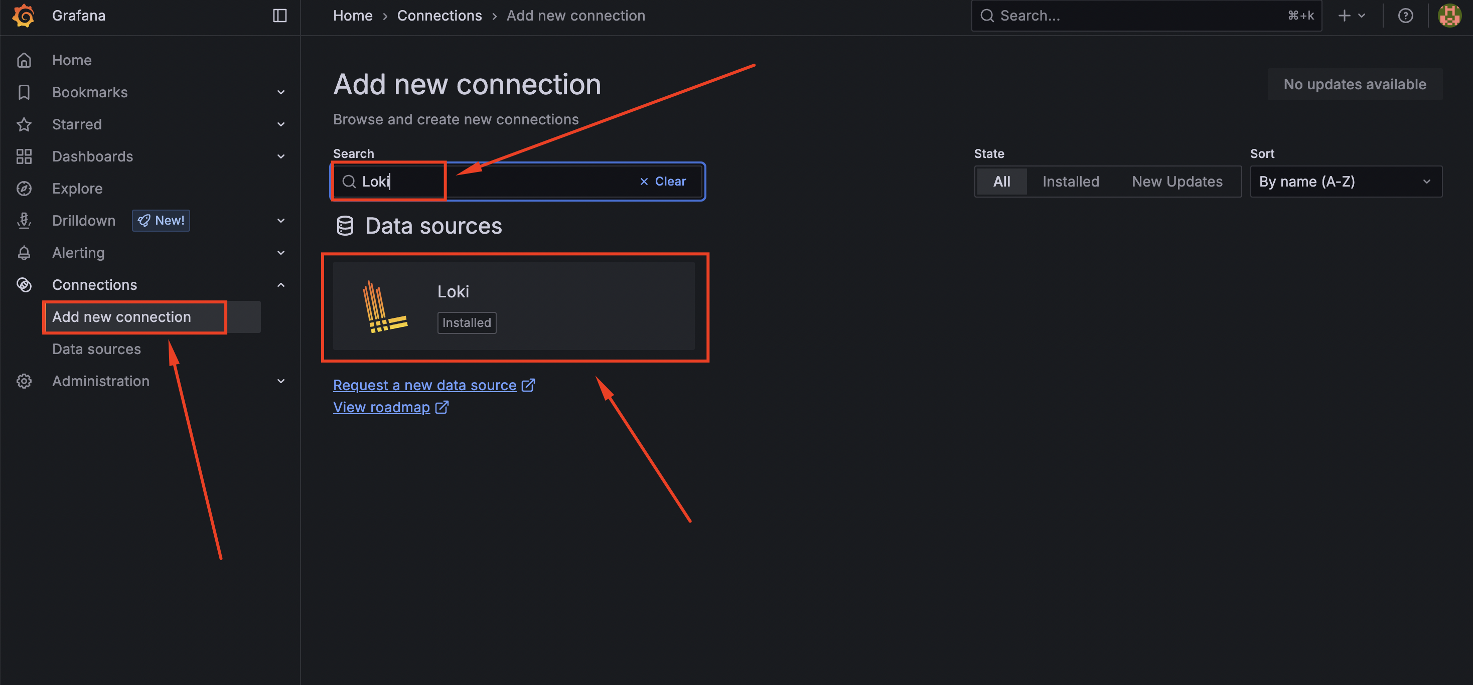Поиск Loki в разделе Connections