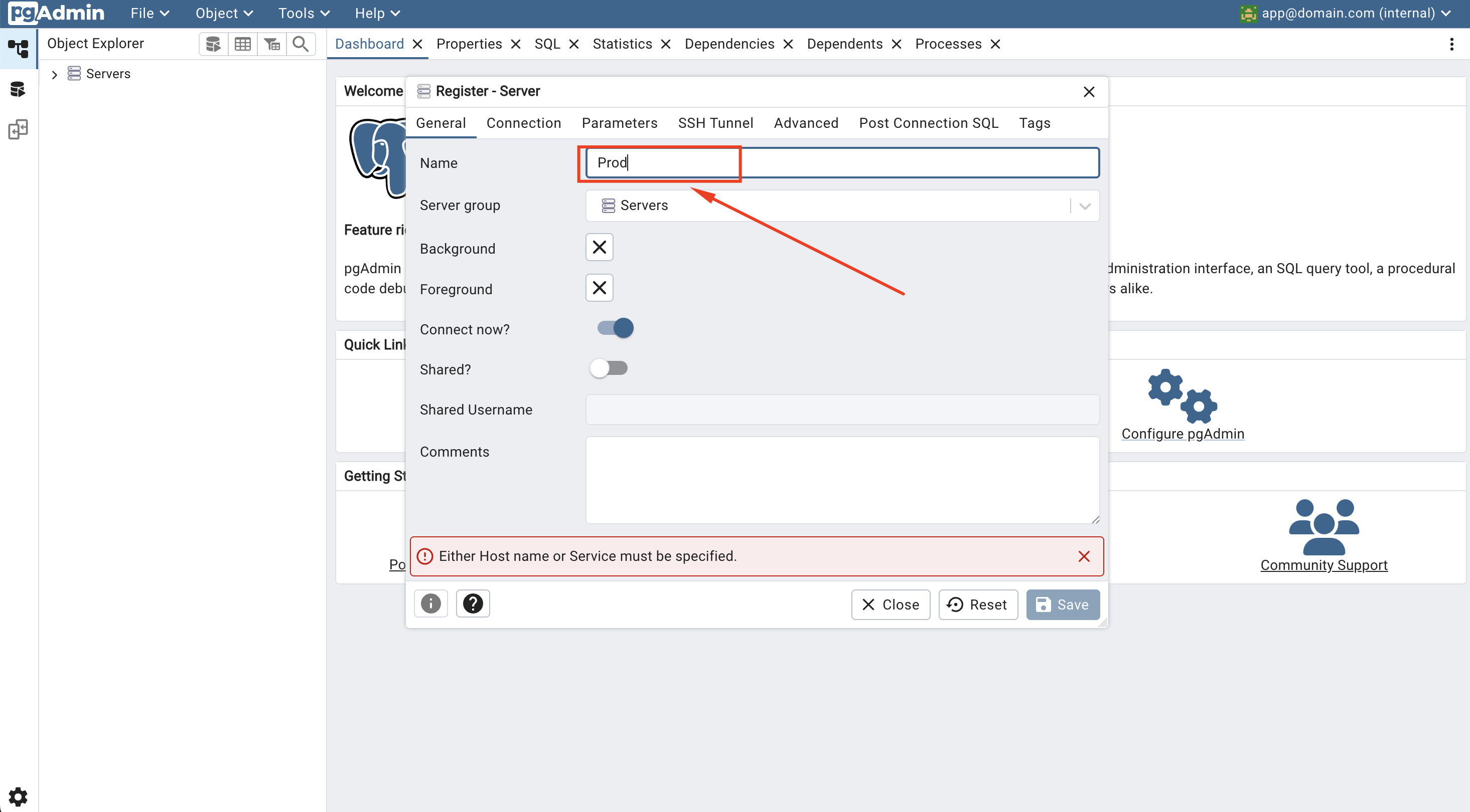 Вкладка General — название подключения