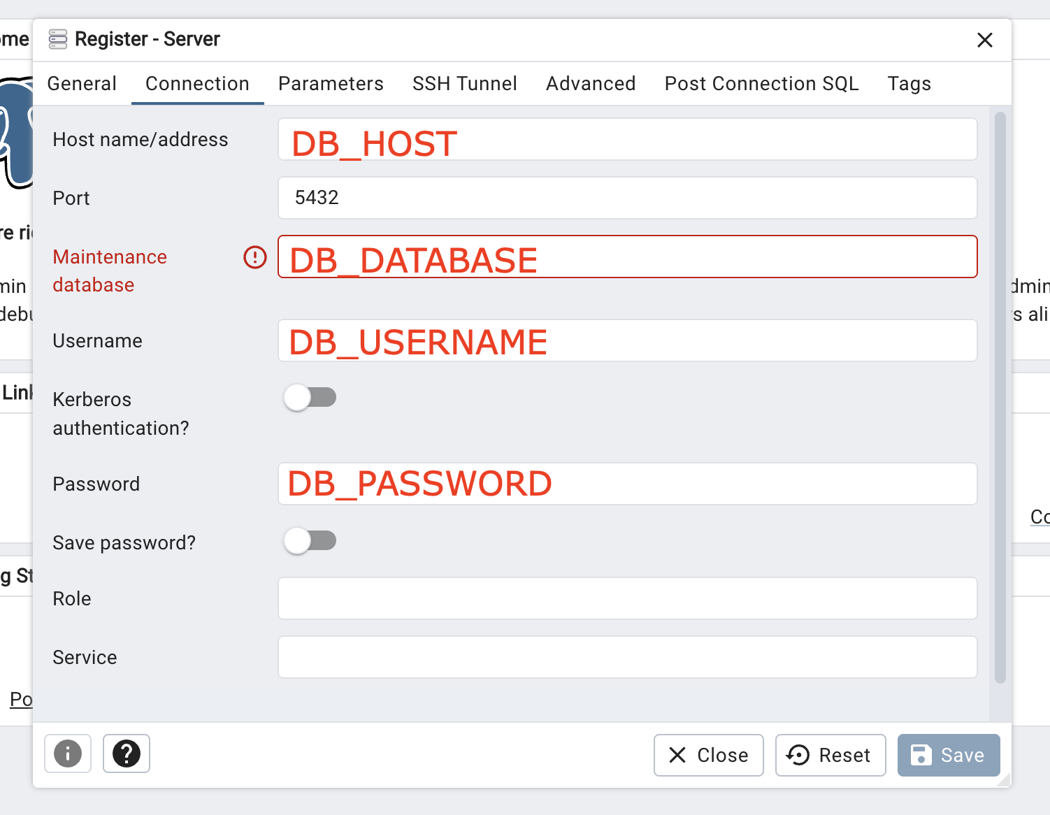 Вкладка Connection — параметры подключения
